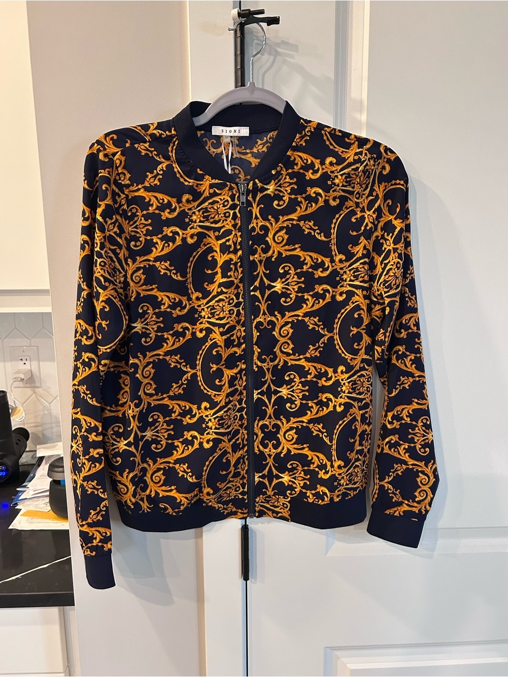 NWT Sioni Navy Orange Patterned Jacket Open Front Lightweight Statement Layer